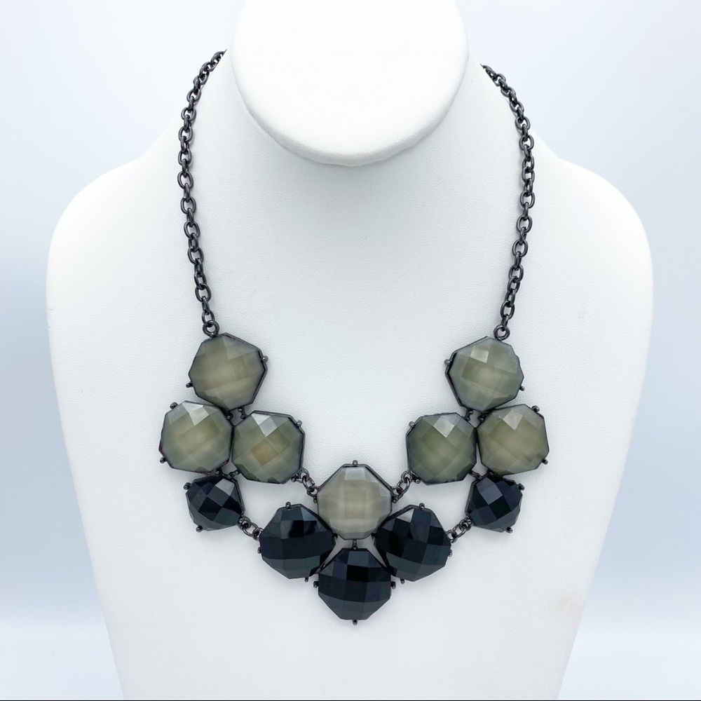 Gunmetal Tone Multi Faceted Bib Style Abstract Statement Necklace